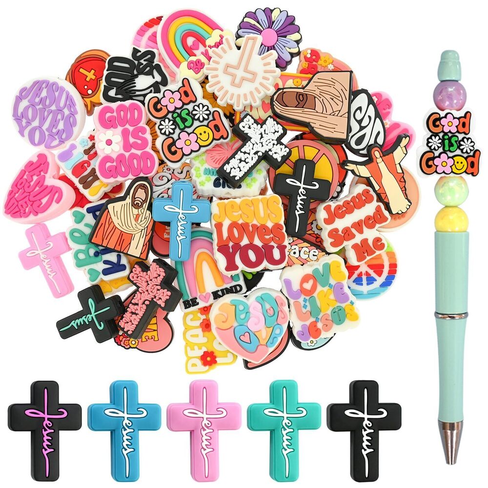 7836 50PCS Jesus Focal Beads for pens, Not Duplicated Silicone Focal Beads